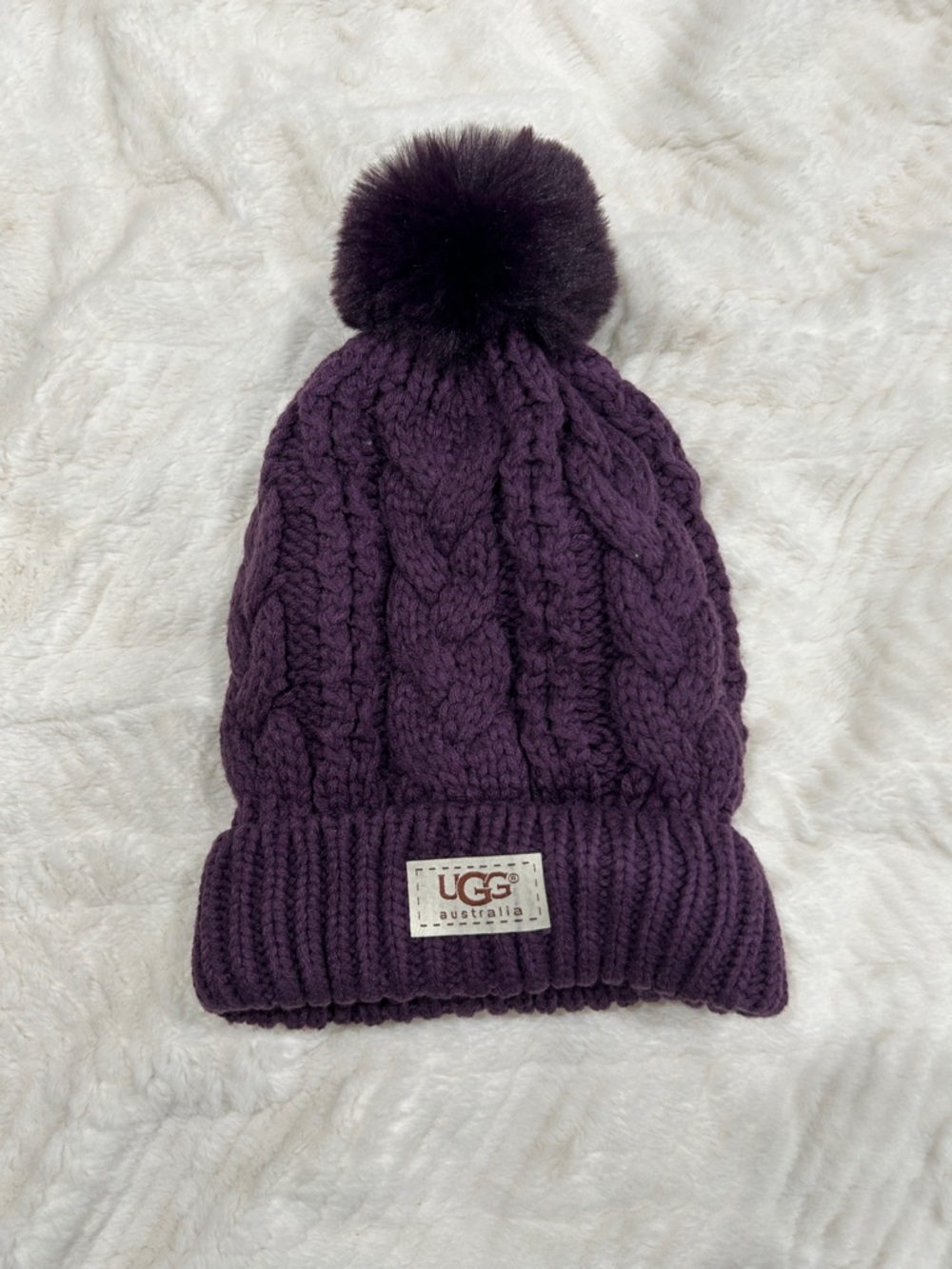 UGG Kids Dark Purple Cable Knit Pom Beanie